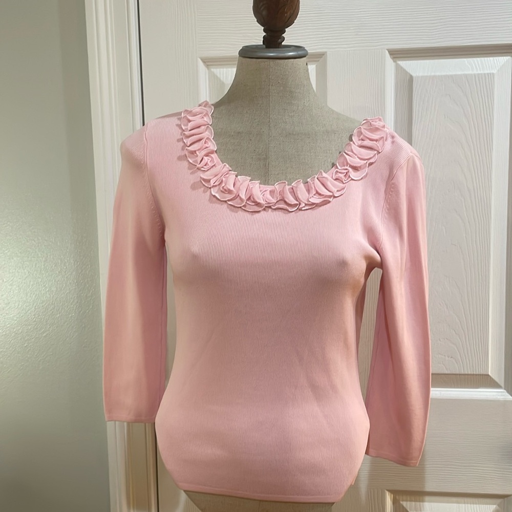 Vintage Ziani couture pink 3/4 sleeve pull over top floral round neck size PM